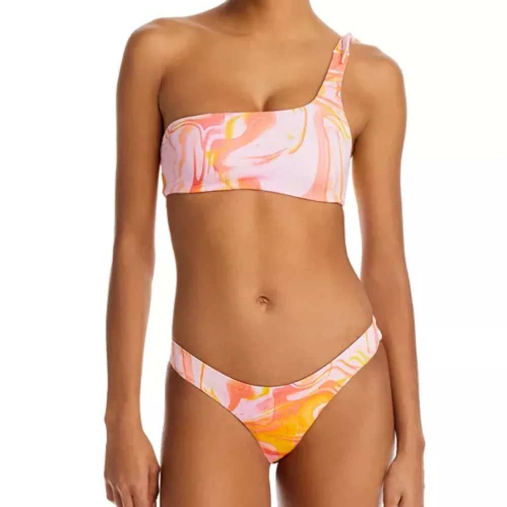 AQUA Pink Orange White Swirl One Shoulder Bikini Top Bottom Set Medium